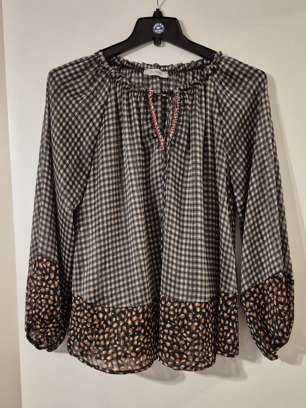 Black and Cream Plaid Mixed-Print Peasant Blouse